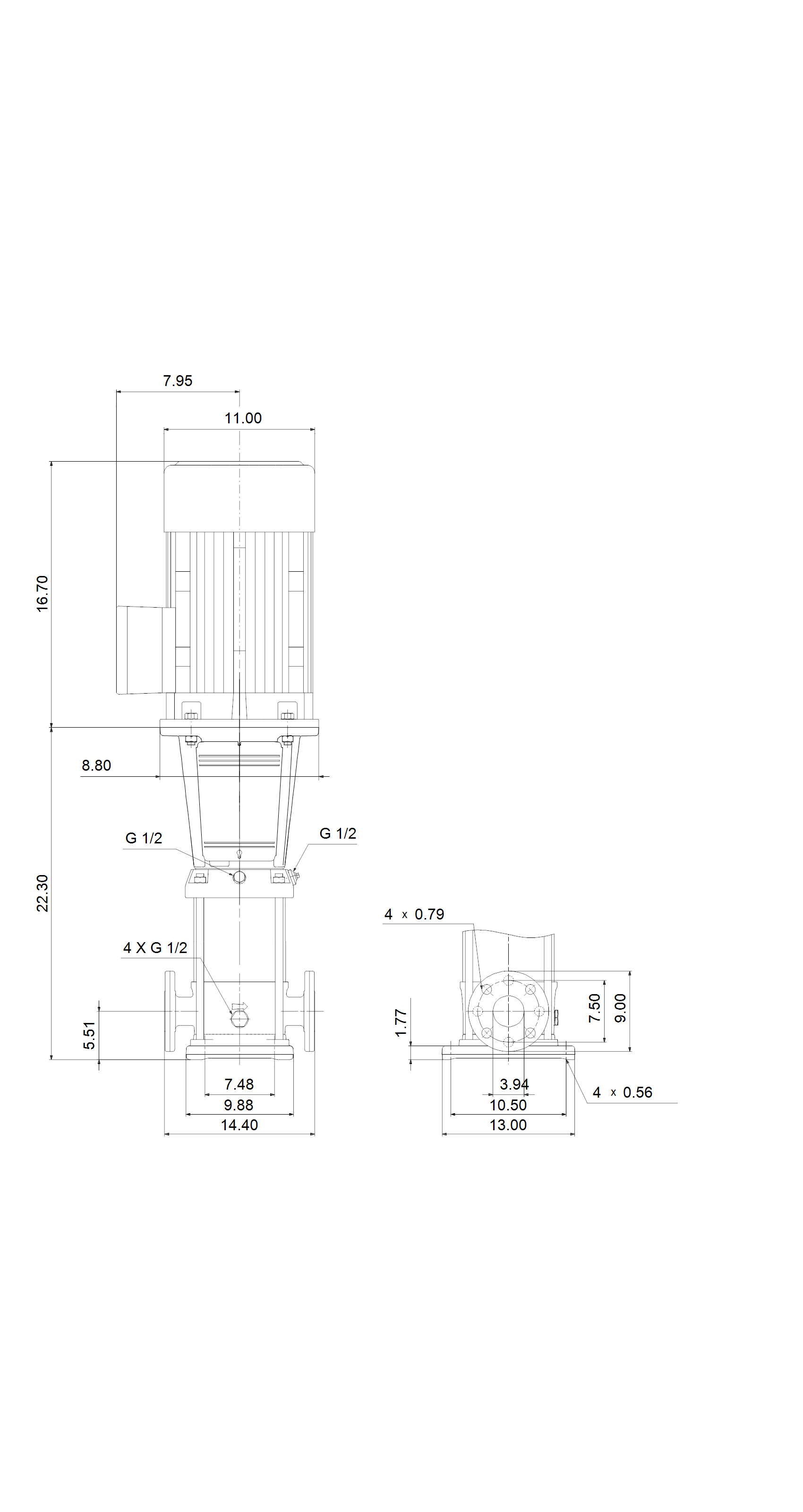 Grundfos CR 64-1-1 (99918282) dimensioned outline drawing: overall height, footprint, port centres and base bolt pattern